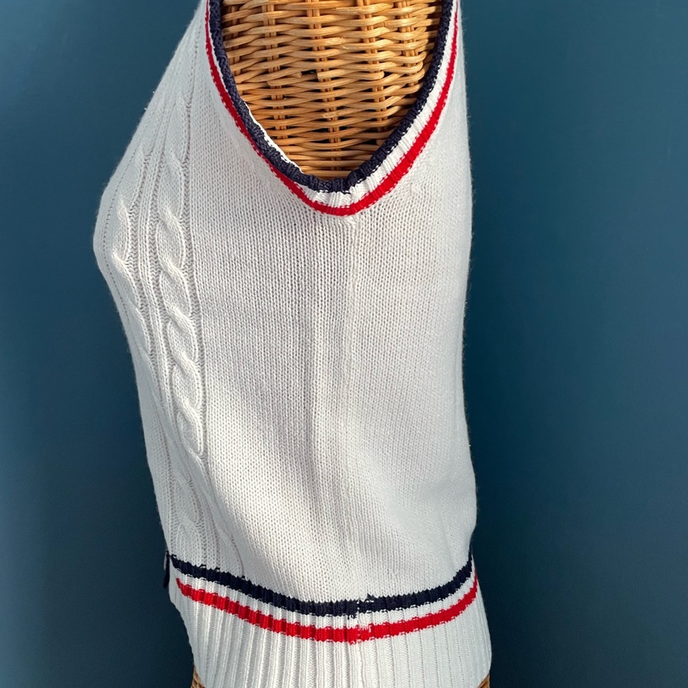 Cable Knit Preppy Vest Button Front Red White Blue B-Neck - Picture 4 of 8